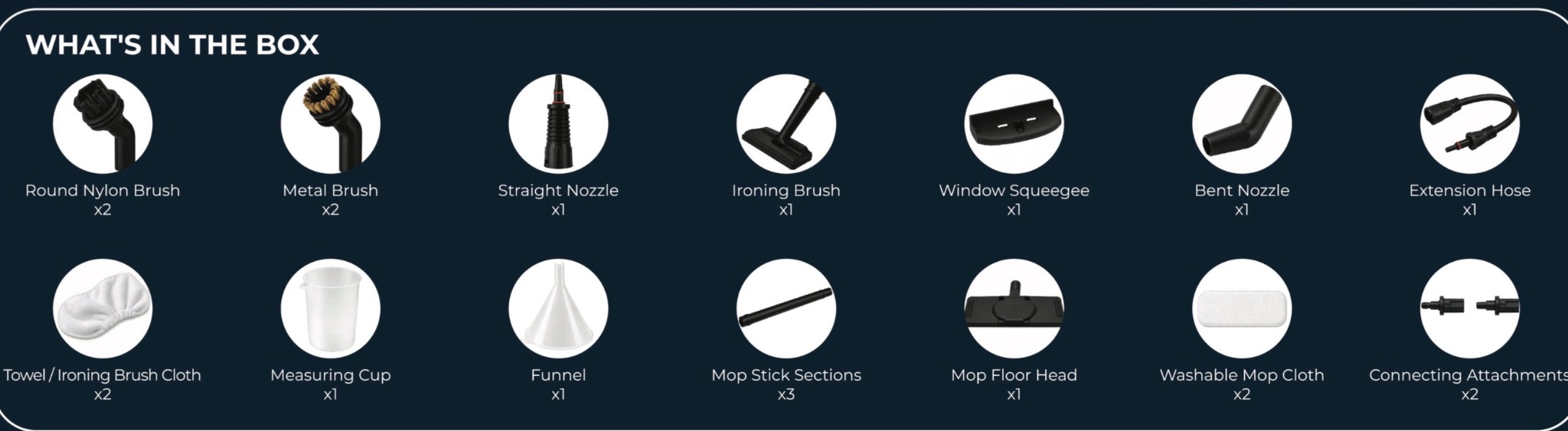 RASKLR TM-218 accessory selection including brushes, nozzles, hose and mop parts