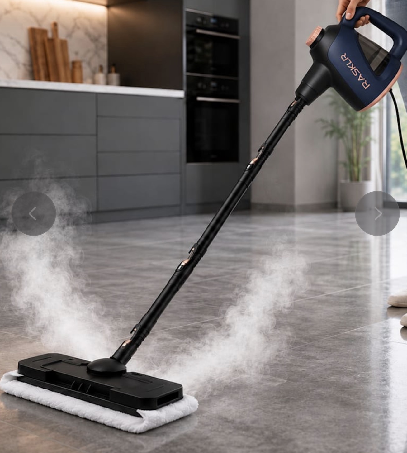 RASKLR steam cleaner being used with the mop attachment on a hard floor